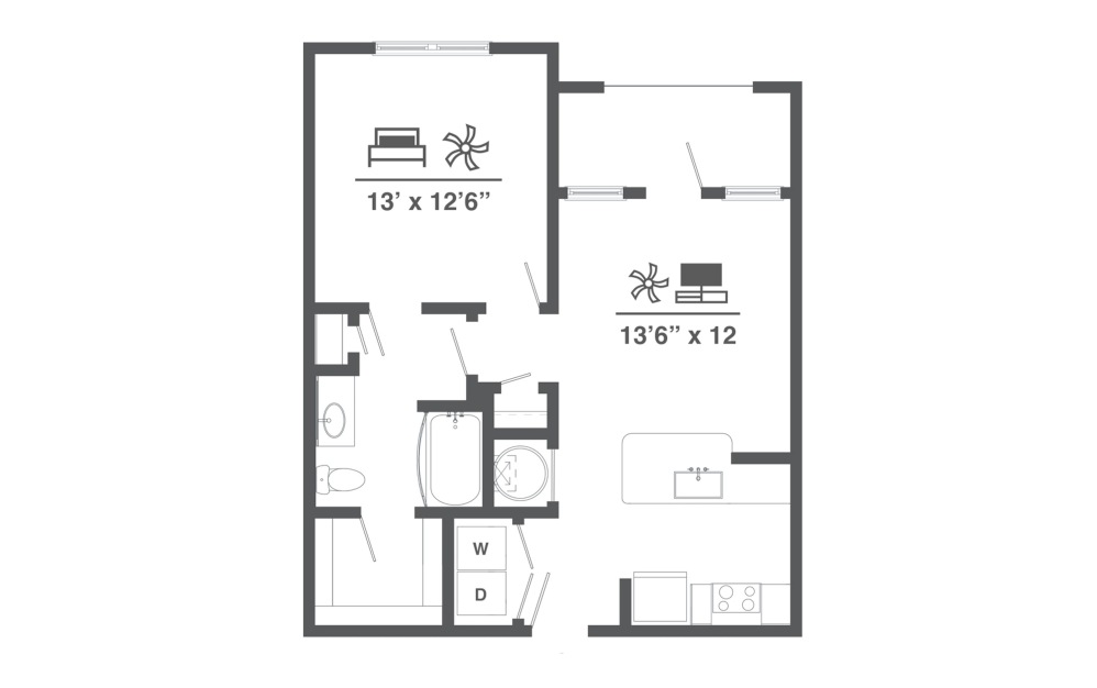 A1 - 1 bedroom floor plan layout with 1 bathroom and 684 square feet (2D)