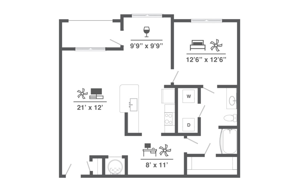 A2 - 1 bedroom floor plan layout with 1 bathroom and 1005 square feet (2D)