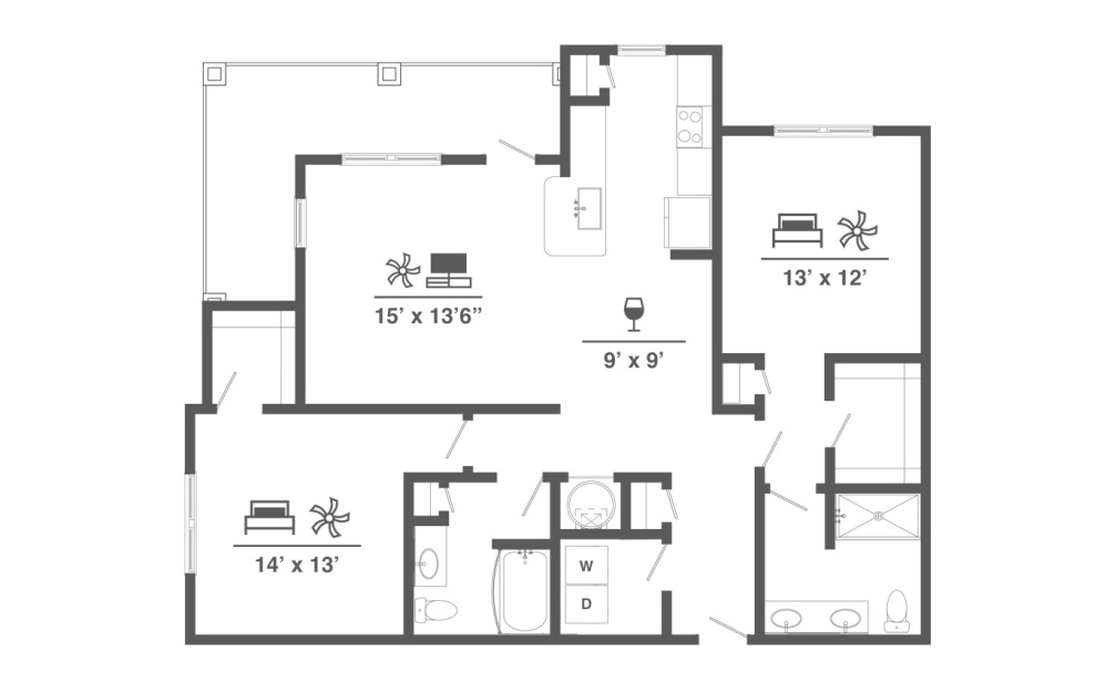 B2 - 2 bedroom floor plan layout with 2 bathrooms and 1294 square feet (2D)